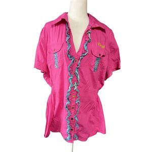 Coogi Shirt Womens 3X Pink Ruffle Trim Button Up Short Sleeve Logo Top‎